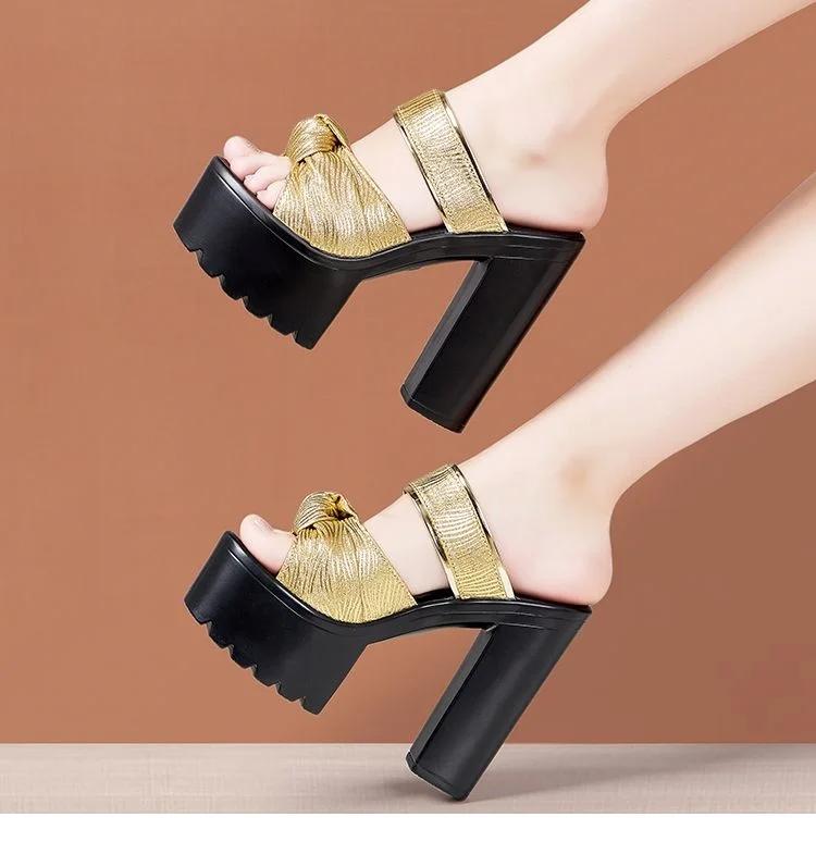 

14см Маленький Размер 32-43 Толстая Подошва Массивная Платформа Обувь 2025 Лето Блок Высокий Каблук Шлепанцы Узел Слайды Офис Модель Вечеринка 33 золотой