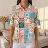 Women Fashion Casual Short Sleeve Waffle Knit Polo Collar Top with Patchwork Floral Print Loose Fit Button Down Shirt