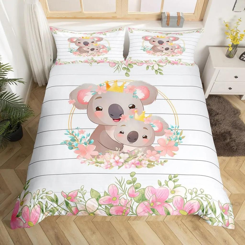 Cute Cartoon Koala Duvet Cover Set Botanical Blossom Floral Comforter Cover Kawaii Wild Animal Koala Bedding Set Twin Queen Size