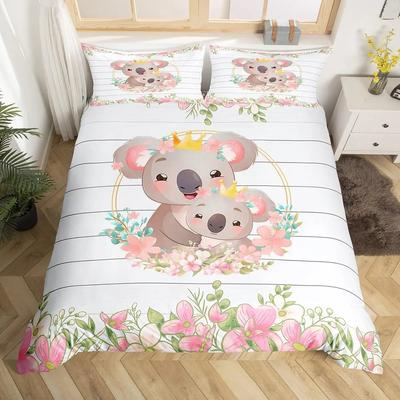 Niedliches Cartoon Koala Bettbezug-Set Botanische Blüte Floral Bettdeckenbezug Kawaii Wildtier Koala Bettwäsche-Set Einzel- Queen-Size