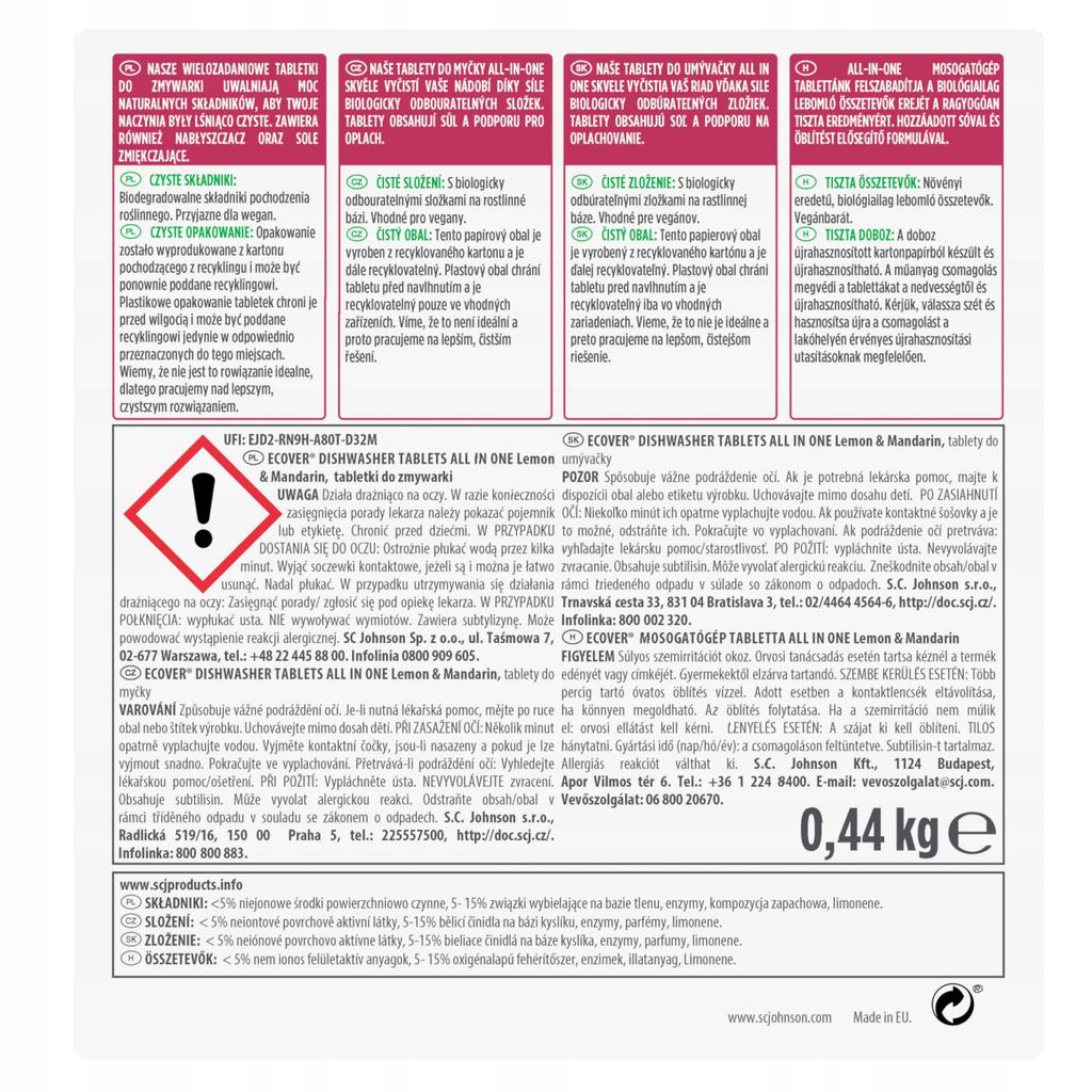 Pastiglie per Lavastoviglie Tutto in Uno Limone e Mandarino 0,5 kg Ecover