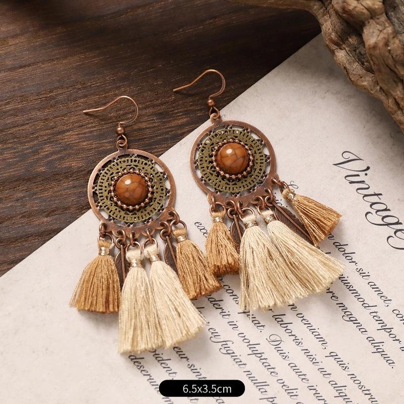 Vintage Ethnic Unique Brown Earrings for Women Bohemian Unusual Geometric Tassel Water Drop Earring Female Jewelry