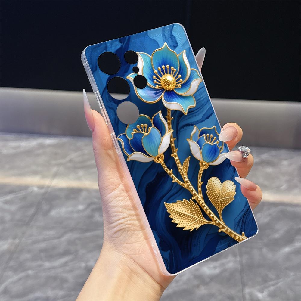 Cyan Enamel Flowers with Gold Case for Samsung Galaxy S26 S25 S24 S23 S22 S21 S20 FE Plus Soft TPU Slim Fit Shockproof Cover