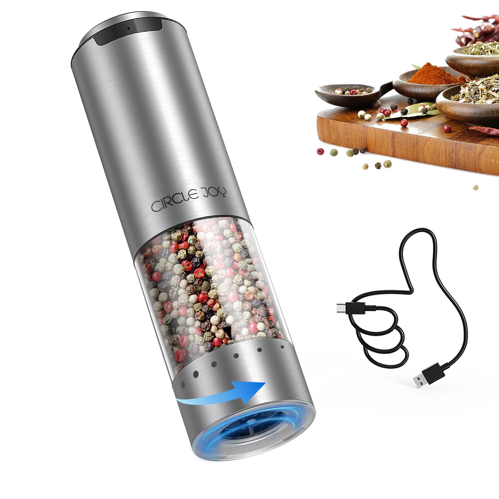 CIRCLE JOY Rechargeable Electric Pepper Mill, Stainless Steel, External Thickness Adjustment, 95ml Container, White LED Light, Silver
