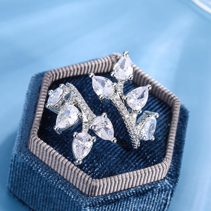 Superflash Zircon Leaf Open Diamond Ring Simple Design Sense Japanese and Korean Style Senior Banquet Ring