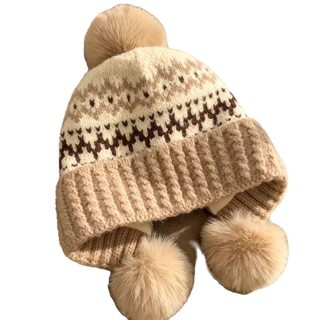Vintage Fair Island Jacquard Ear Protector Wool Hat Women's Autumn and Winter Fleece Thickened Warm Three Hair Ball Knitted Hat Lei Feng