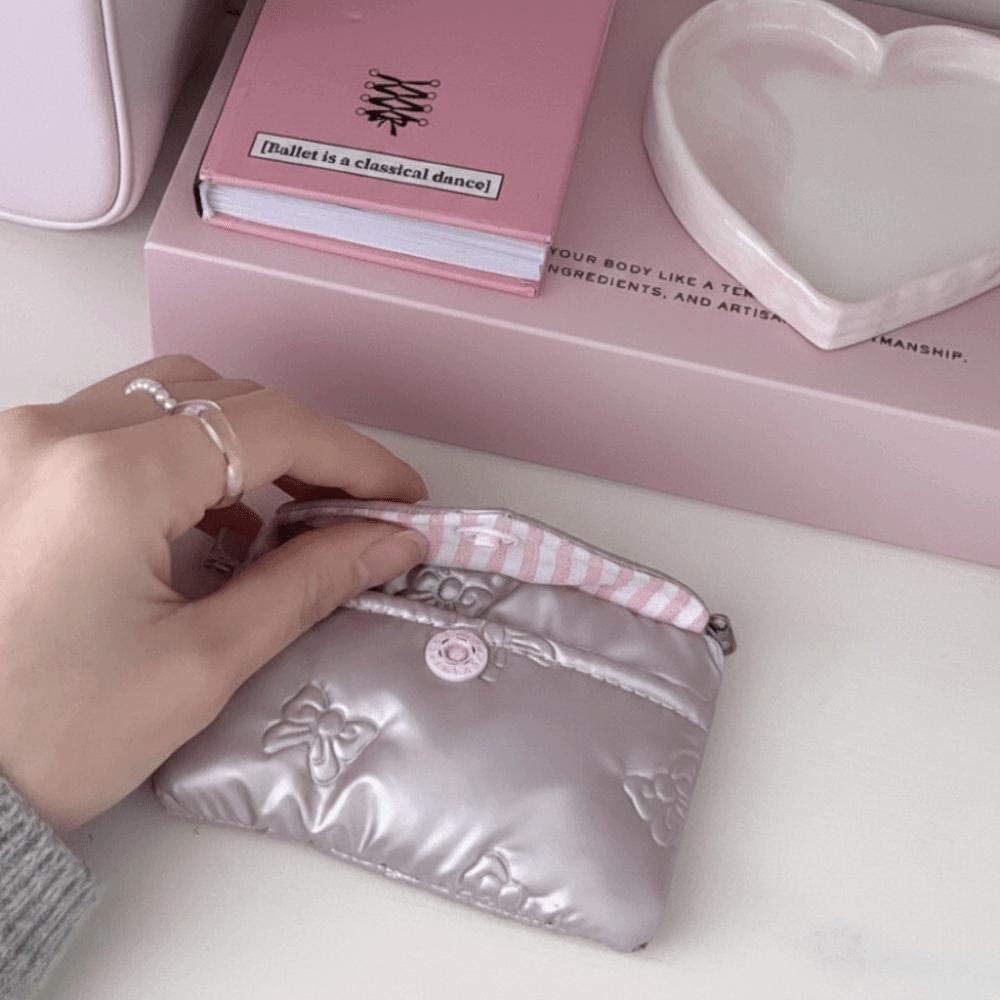 Cotton Material Quilted Wallet 2-Layer Dust-Proof Mini Storage Bag Bow Design Small Zipper Zipper Bag Card Holder