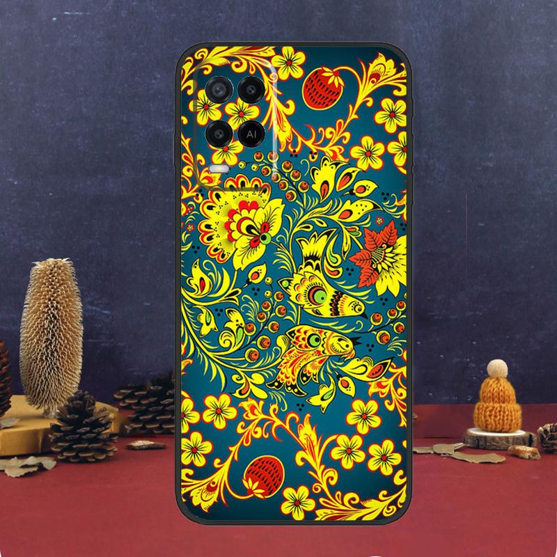 Khokhloma Russian Pattern Flower Case For OPPO A54 A74 A94 A98 A78 A79 A16 A76 A96 A5 A9 A17 A77 A15 A52 A72 A53 A57S Cover