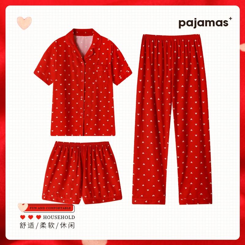 

Spring and summer pajamas women s new love full of big red short-sleeved three-piece high-end loungewear 2XL [Recommended 135-75kg]