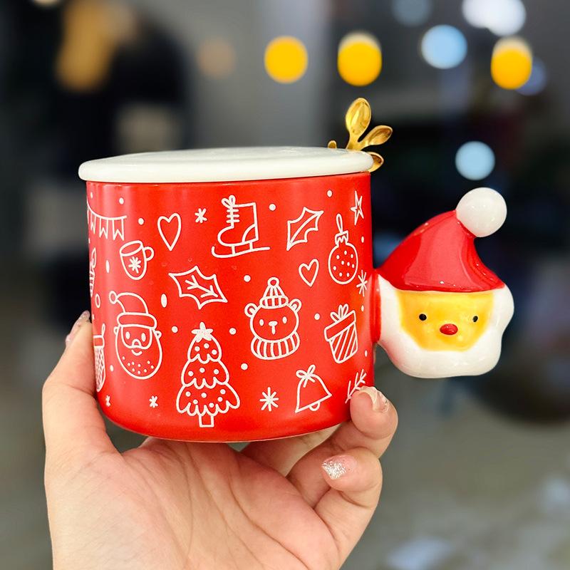 

Creative Christmas Graffiti Ceramic Water Cup Santa Claus Mug with Spoon High Looking Christmas Gift Souvenir 380ml