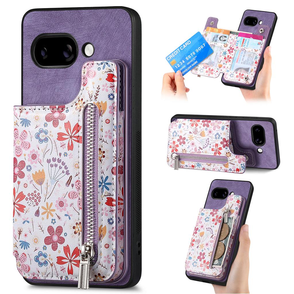 For Google Pixel 9a Leather Phone Cover with RFID Blocking Zipper Card Bag Kickstand