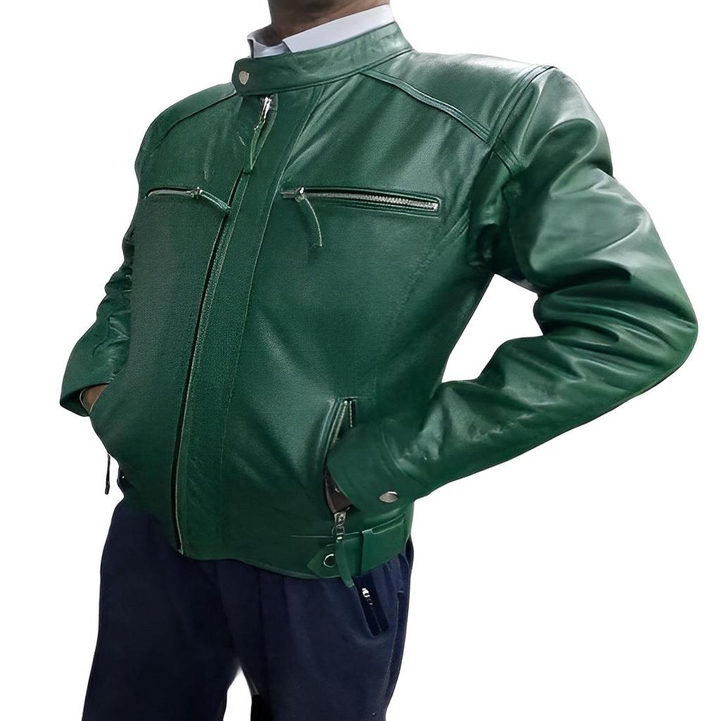 NOORA Men's Dark GREEN Leather Jacket | Slim Fit Real Biker Leather Jacket | Stylish Outwear Band COLLARED Jacket With Multi Zipper Pocket |