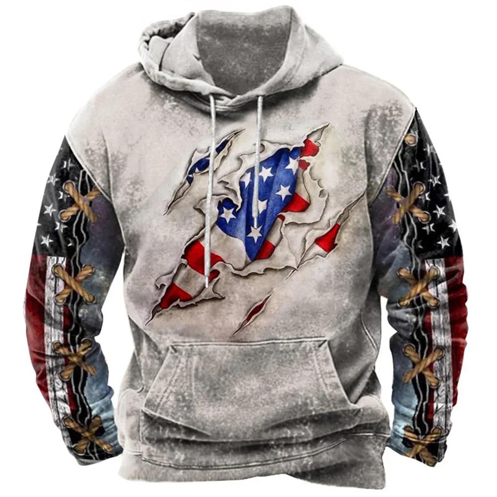 Módní mikiny s potiskem vlajky USA pro muže Hip Hop Trend Harajuku Vintage oblečení Jaro a podzim Novinka v mikinách Oversized topy