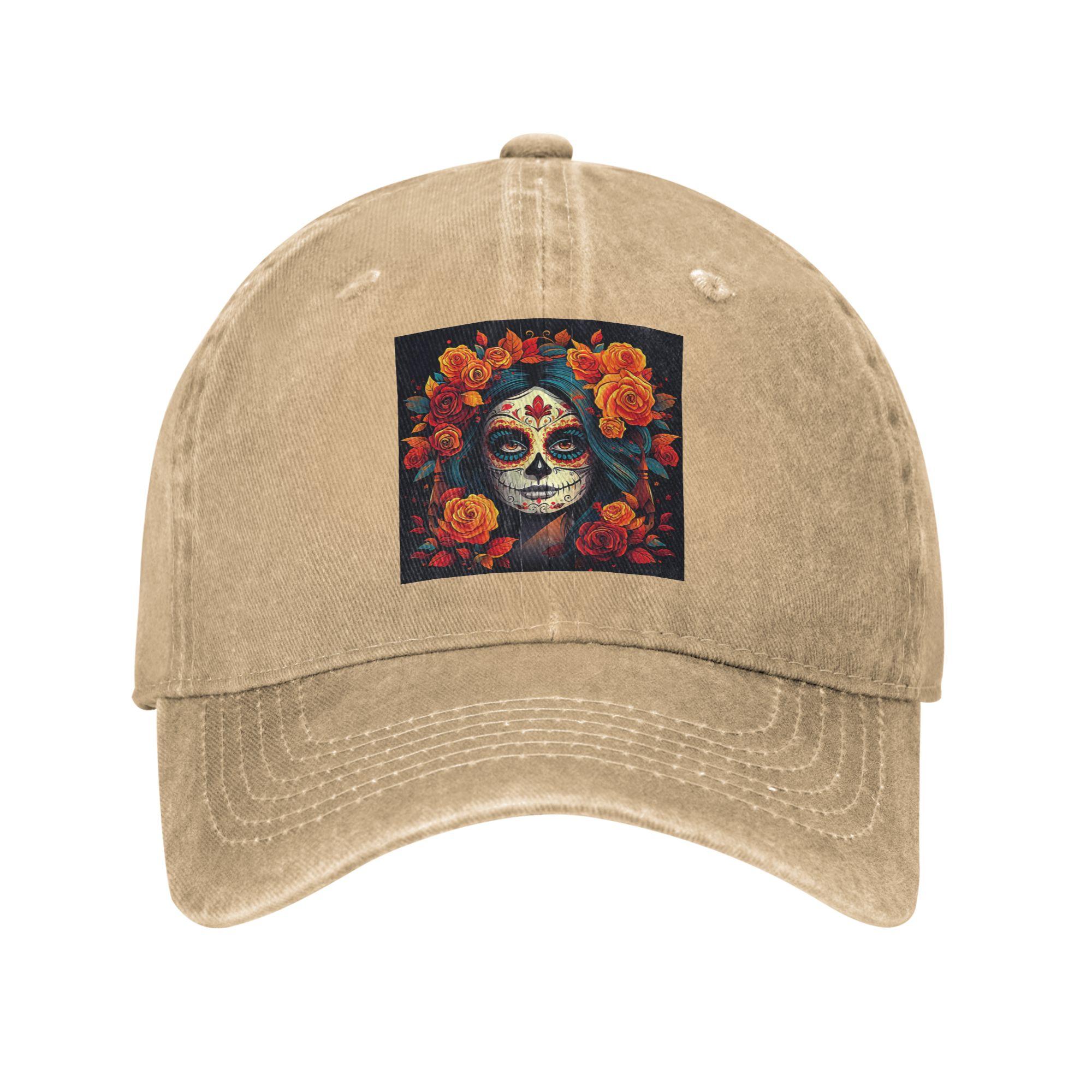

Mexican Skull Calavera Baseball Caps Snapback Denim Fabric Hats Casquette Streetwear Baseball Cowboy Hat for Unisex Women One Size