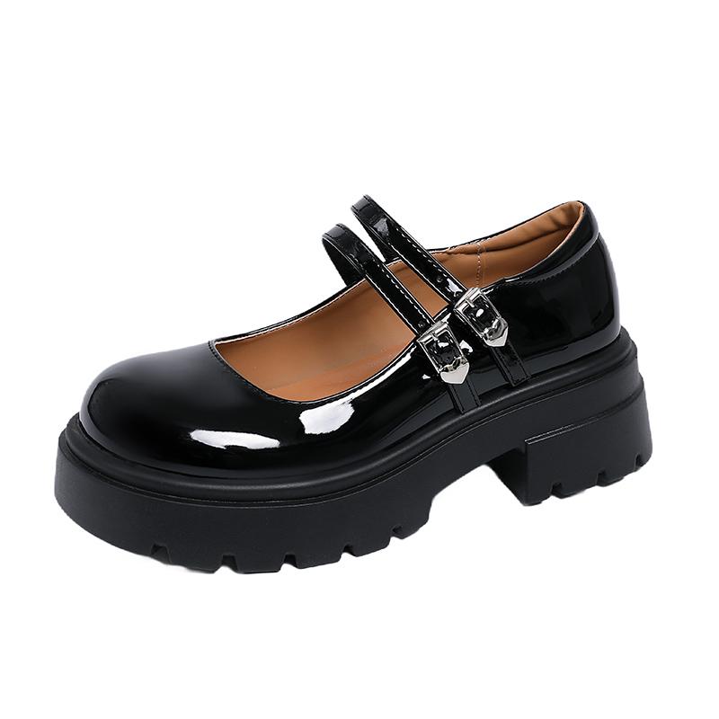 Platform Mary Jane Shoes Women's New Round Toe Shallow Mouth British Style Block Heel Small Leather Shoes