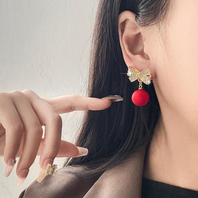 S925 Silver Needle Red Pearl Diamond Earrings - Niche Design, Luxury Christmas Style, European & American Fashion.