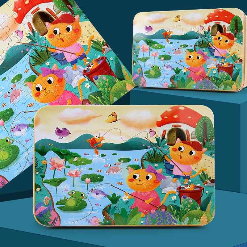 100-Piece Wooden Jigsaw Puzzle Tin Box for Children Ages 3-7: Educational Cartoon Toy