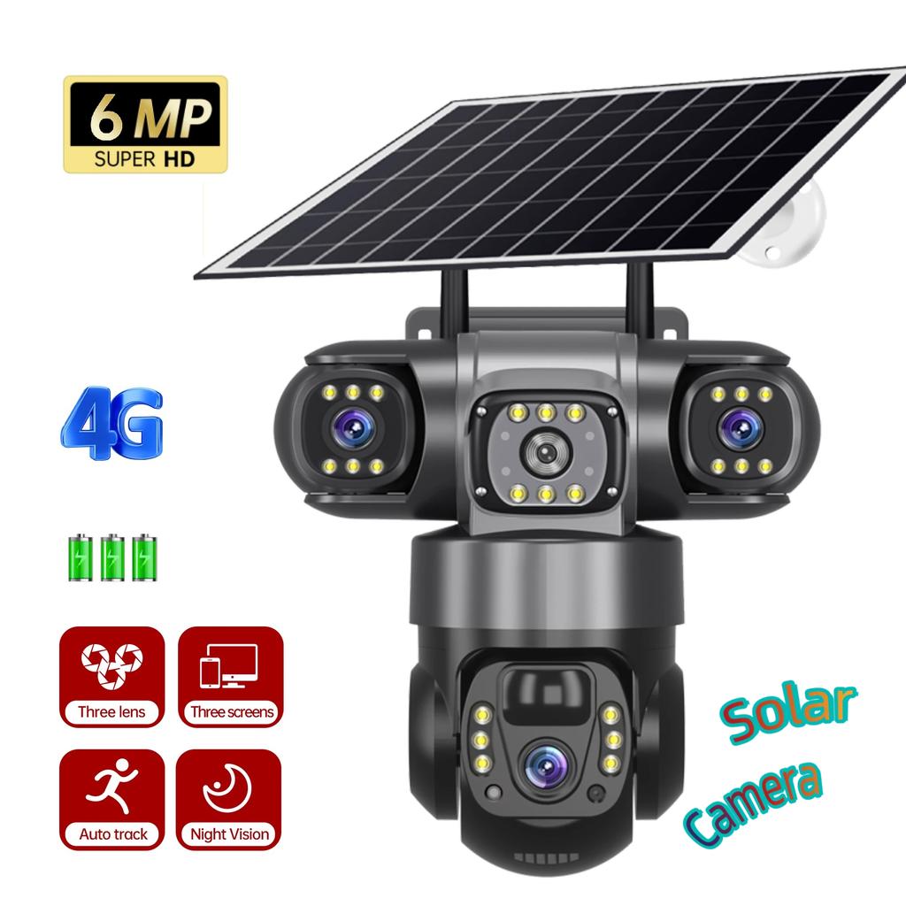 4G/WIFI Solar Camera 3 Lens 3 Screens Outdoor CCTV Waterproof Night Vision Two-Way Intercom Mobile Tracking IP Camera