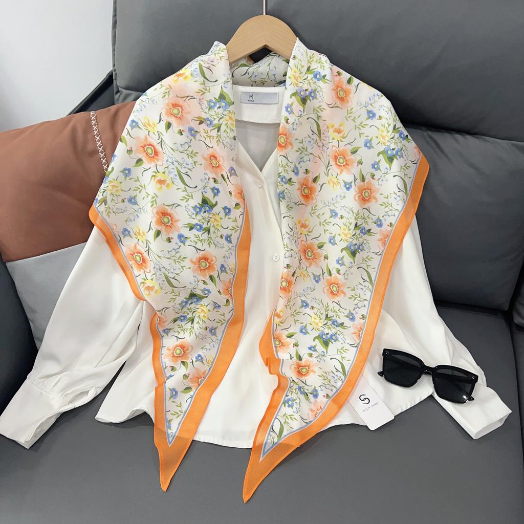 Spring and Summer Breathable Thin Silk Scarf Women's Fashion Flower Decoration Small Shawl Outer Scarf Sweet Temperament Rhombus Scarf