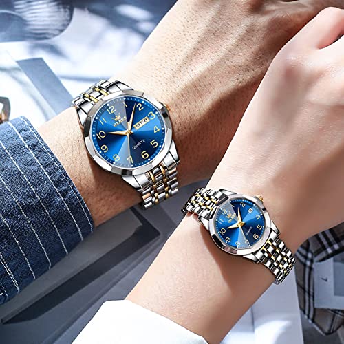 OLEVS Partneruhren, Beliebte Partneruhren, Stilvolles Quarzwerk, Edelstahl, Wasserdicht, Datumsanzeige, Leuchtendes Analogzifferblatt, Leicht ablesbar W