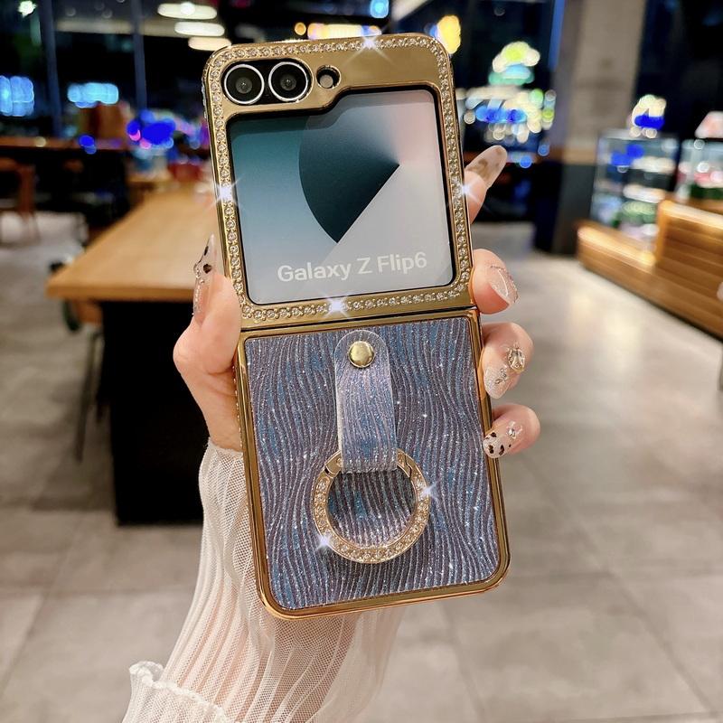 Glitter Diamond Frame Plating 2pcs Phone Case For Samsung Galaxy Z Flip6 Flip5 Flip4 Flip3 Luxury Leather Shockproof Metal Ring Hard PC Folding Cover