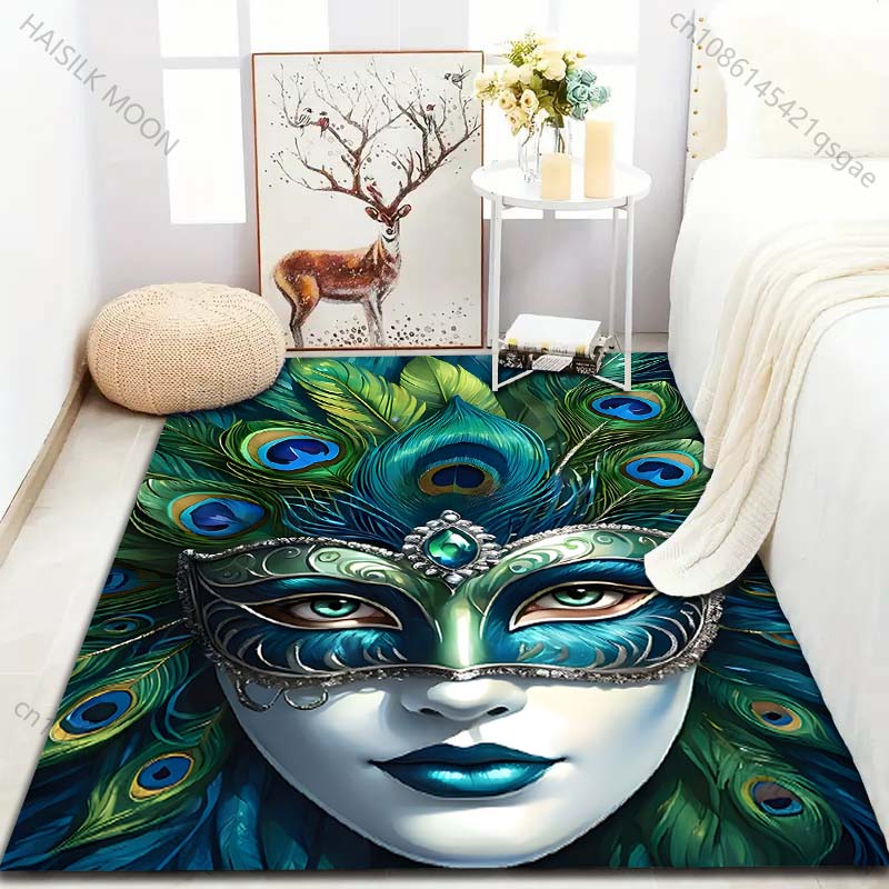 Venetian Peacock Feather Mask Print Carpet Modern Home Decor Area Rug for Bedroom Living Room Sofa Floor Mat Gifts