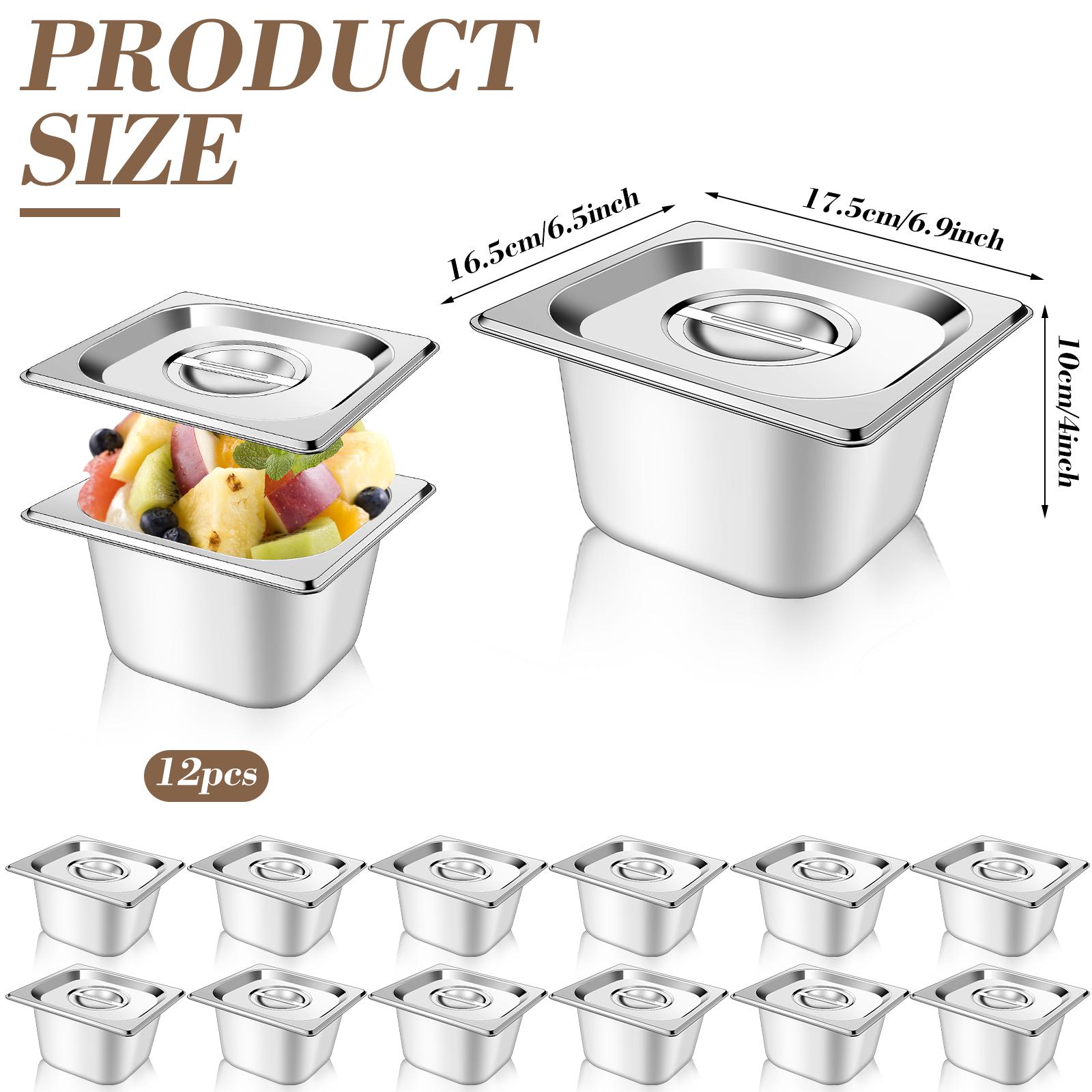 

12 шт. Набор гастрономических емкостей из нержавеющей стали размером 1/6 с крышками, глубиной 4 дюйма, для парового стола, гастрономическая емкость, крышка с ручкой, для кейтеринга, хранения продуктов питания, мет. 1
