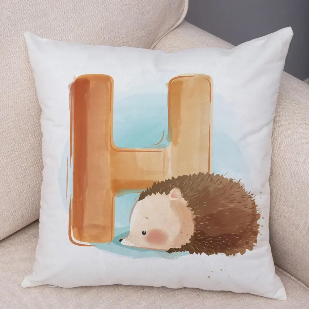 Cute Cartoon Cushion Cover Water Color English Letter Print Pillow Case Soft Animal Print Pillowcase For Children Room Decor