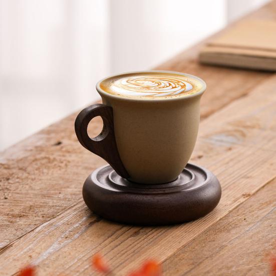 Tasse à café avec poignée en bois Tasse en céramique en forme de cône 210 ml Tasse à latte vintage effilée Base stable en bois Tasse à thé décorative
