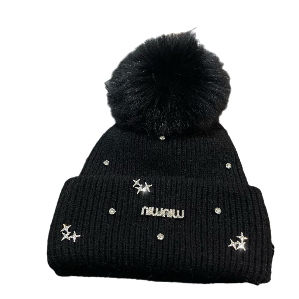 Light Luxury Rhinestone Min Small Fragrant Style Design Big Hairball Knitted Hat Winter Sweet Plush Warm Rabbit Fur Wool Hat