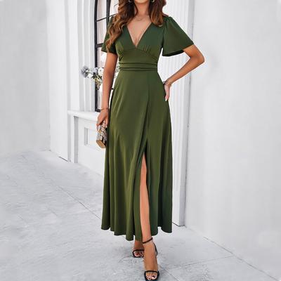 Women's Spring and Summer Solid Color Temperament Slim V-neck Dress