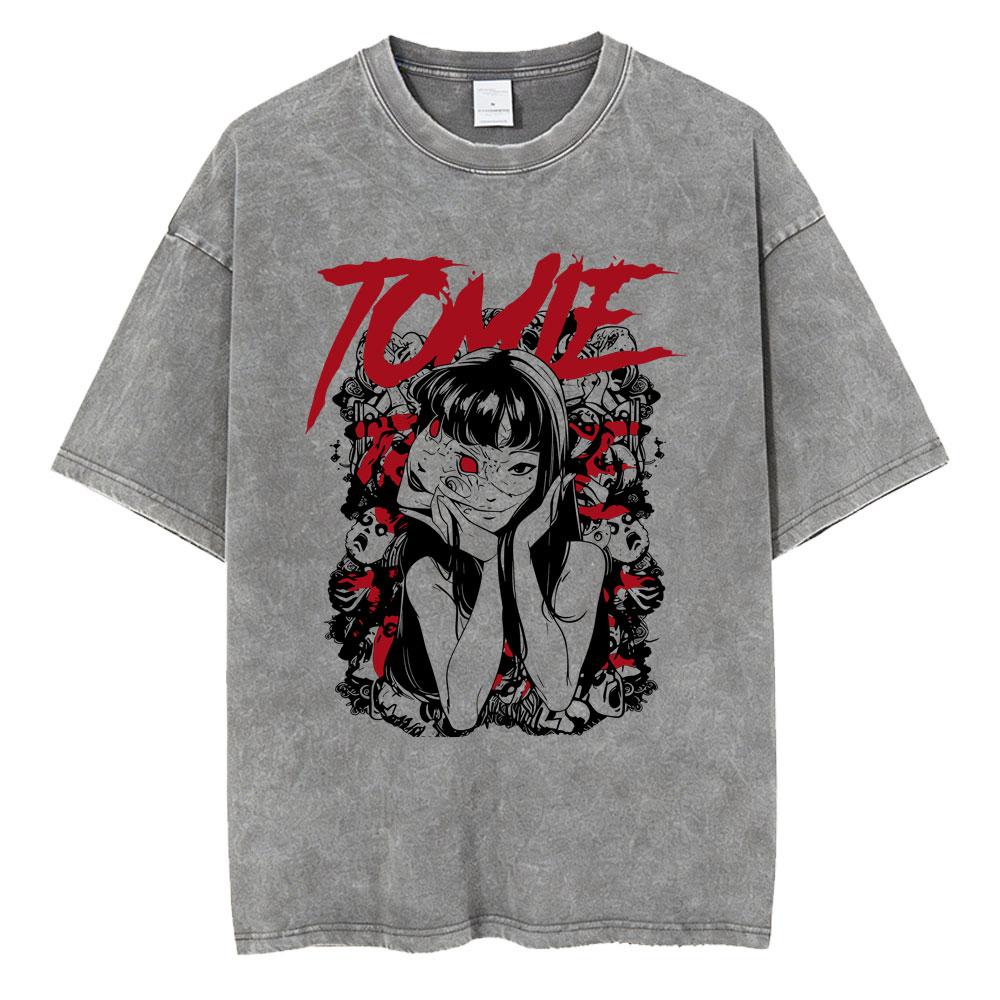 Unisex Washed Vintage Horror Anime Junji Ito Uzumaki Graphic T-shirt Men Women Manga Retro Oversized T Shirt Y2k Casual Cotton T-shirts