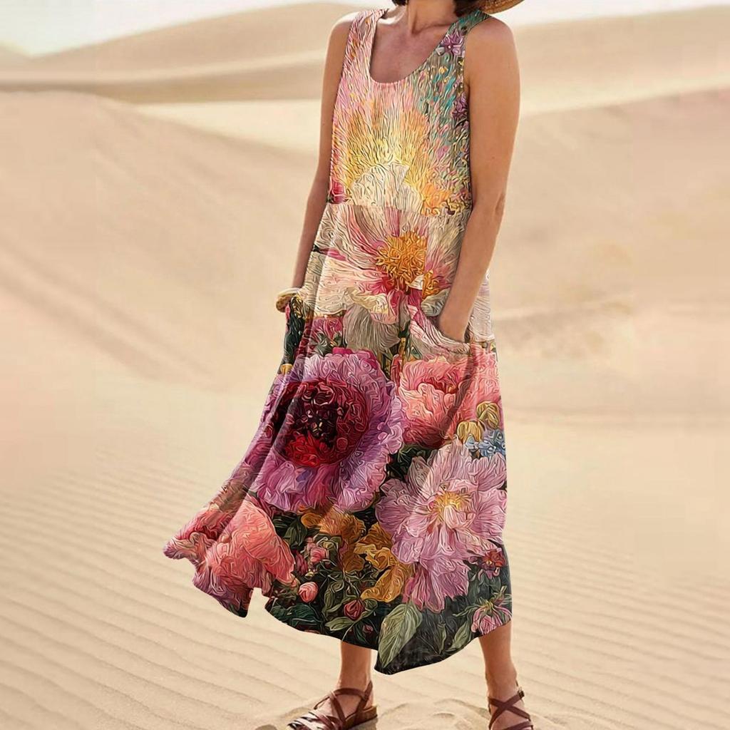 Women's Casual Fashion Flower Printed Sleeveless Pocket Dress