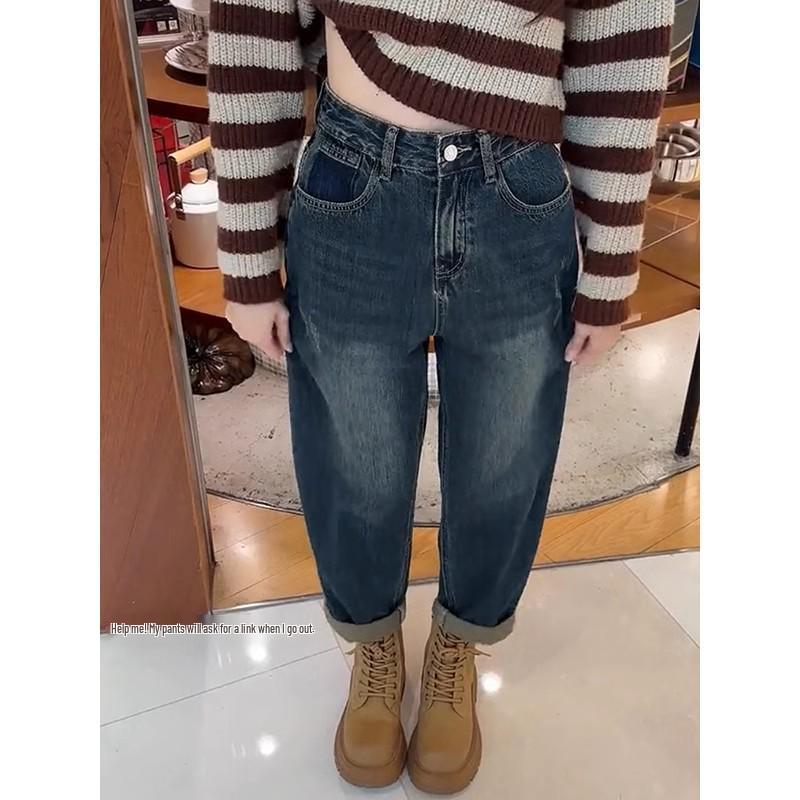 Plus Size Fleece-Lined Retro Harem Jeans for Women - High Waist Loose Fit Winter 2025