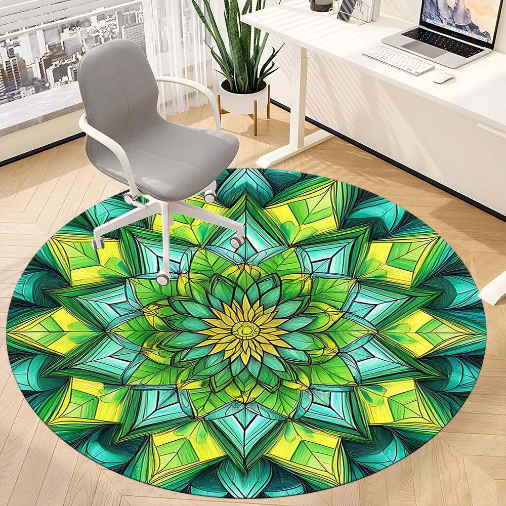 1PC Green Mandala Pattern Office Round Rug, Non slip, Soft and Durable Office Rug for Interior Decoration, Perfect for Office