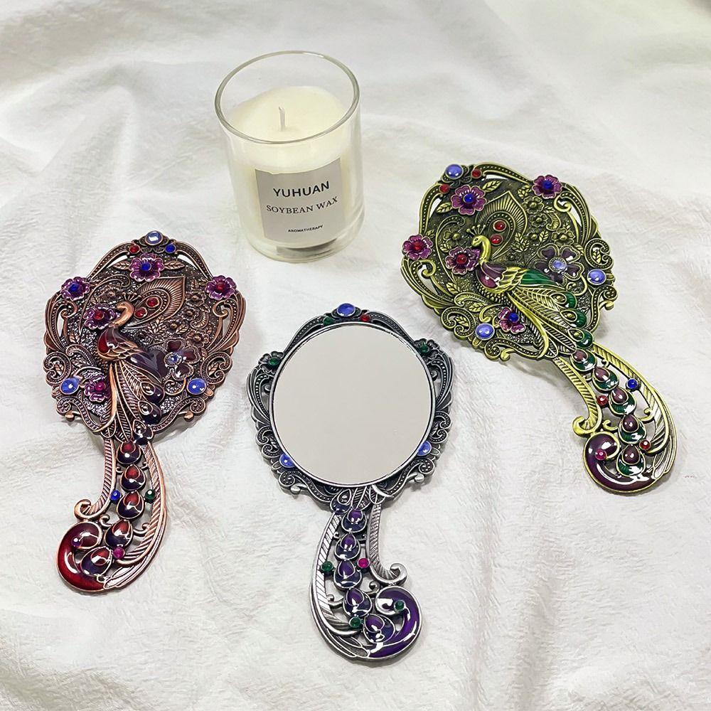 Peacock Open Screen Retro Small Mirror with Metal Handle Handheld Cosmetic Comb
