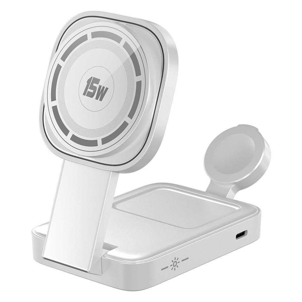 

C40 3-in-1 Foldable Charging Stand Phone Watch Earphone 15W Magnetic Wireless Charger with LED Warm Light B