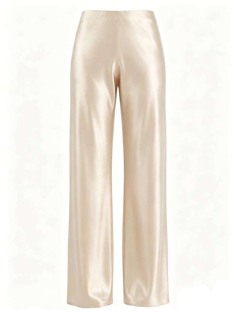 Women's High Waist Straight Wide Leg Pants with Drape Effect, Satin Casual Trousers for Everyday Wear