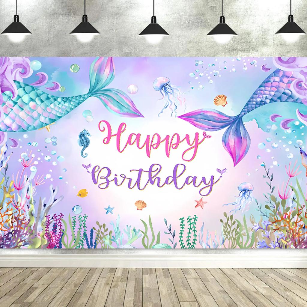 Mermaid Under The Sea Birthday Backdrop – Princess Theme For Girl'S Baby Shower & Party, Photography Banner Decor-Tapestry