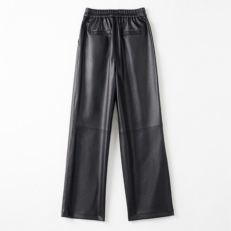 Top-Grain Calfskin Wide-Leg Trousers Women's Korean-Style High-Waisted Plus-Size Casual Genuine Leather Pants