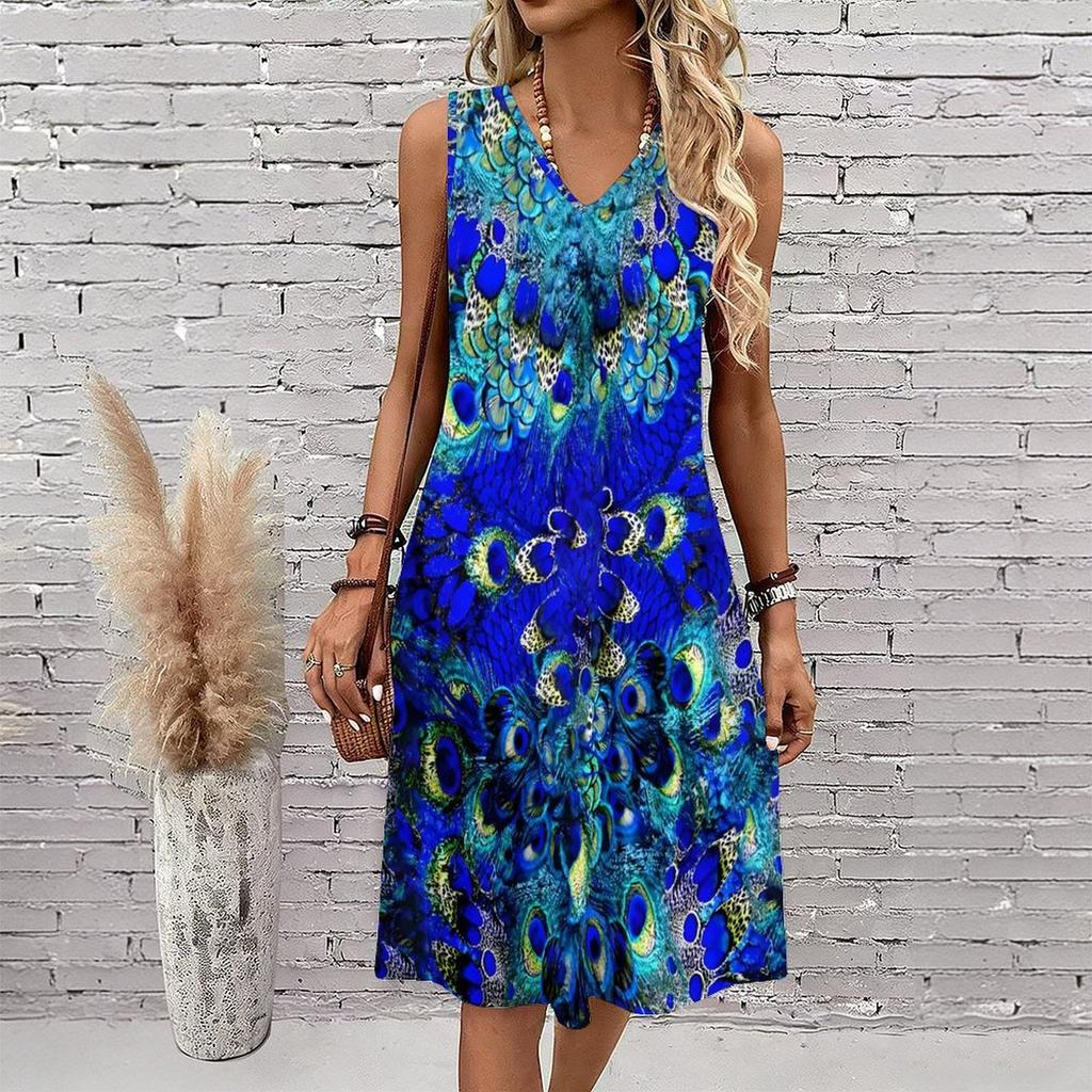 Plus Size V Neck Sleeveless Dress Verdant Mountain Waterfall Art Print For Wilderness Adventure Tour