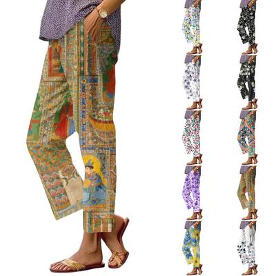 Damen Casual Mode Hosen mit Blumendruck Gerades Bein Hosen mit Taschen