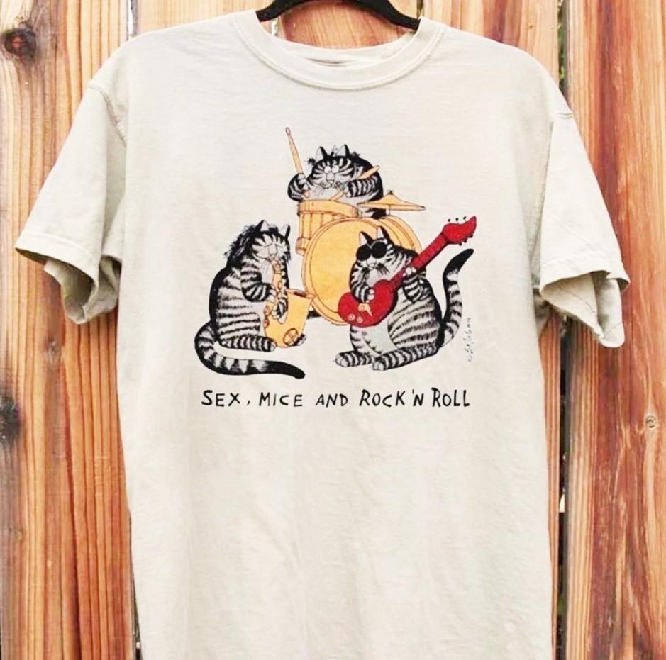 Vintage Funny Cat Graphic Tee, Rock & Roll Style Retro Mouse Print Unisex T-Shirt XXXXL