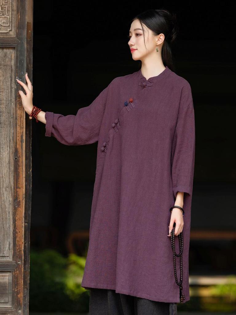 Women's Asymmetrical Zen Robe with Stand-up Collar and Frog Buttons - Retro Style Cheongsam Dress