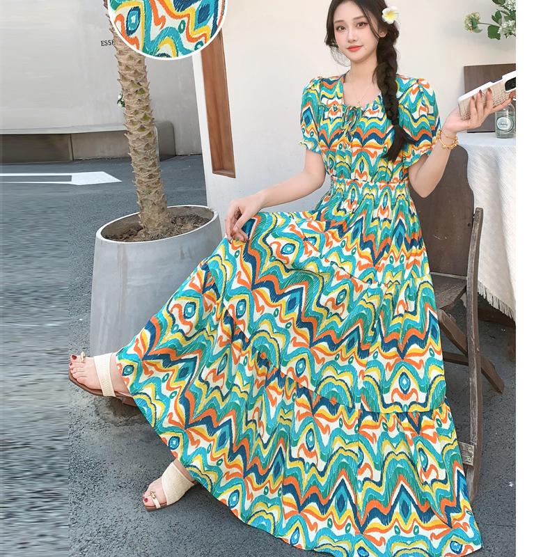 Summer Cotton Silk Floral Print Maxi Dress Bohemian Beachwear High Waist Young Women's Large Skirt Swing Dress