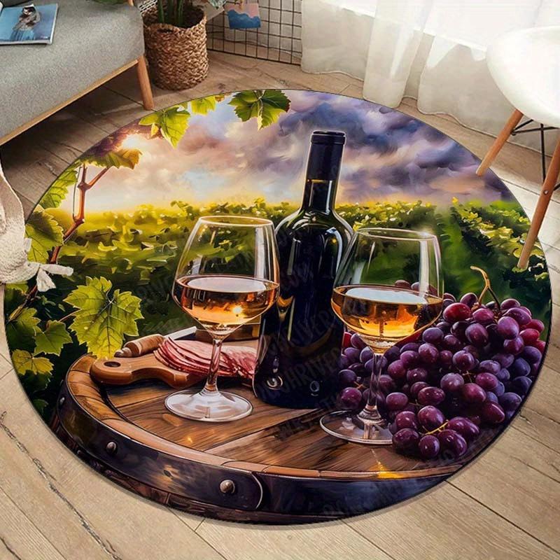 Wine vineyard scene roundrug crystal velvet floormat red wine grapes landscape art homedecor anti slip carpet kitchen diningroom