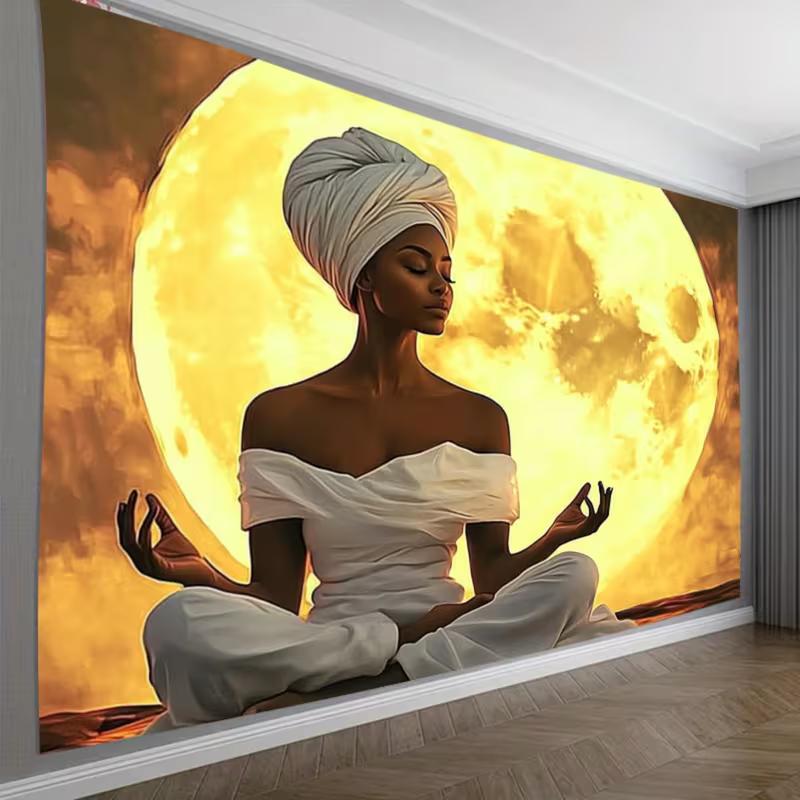 

2D Full Moon Yoga Woman Tapestry, African American Meditation Background 47.2x31.5inch/120*80cm