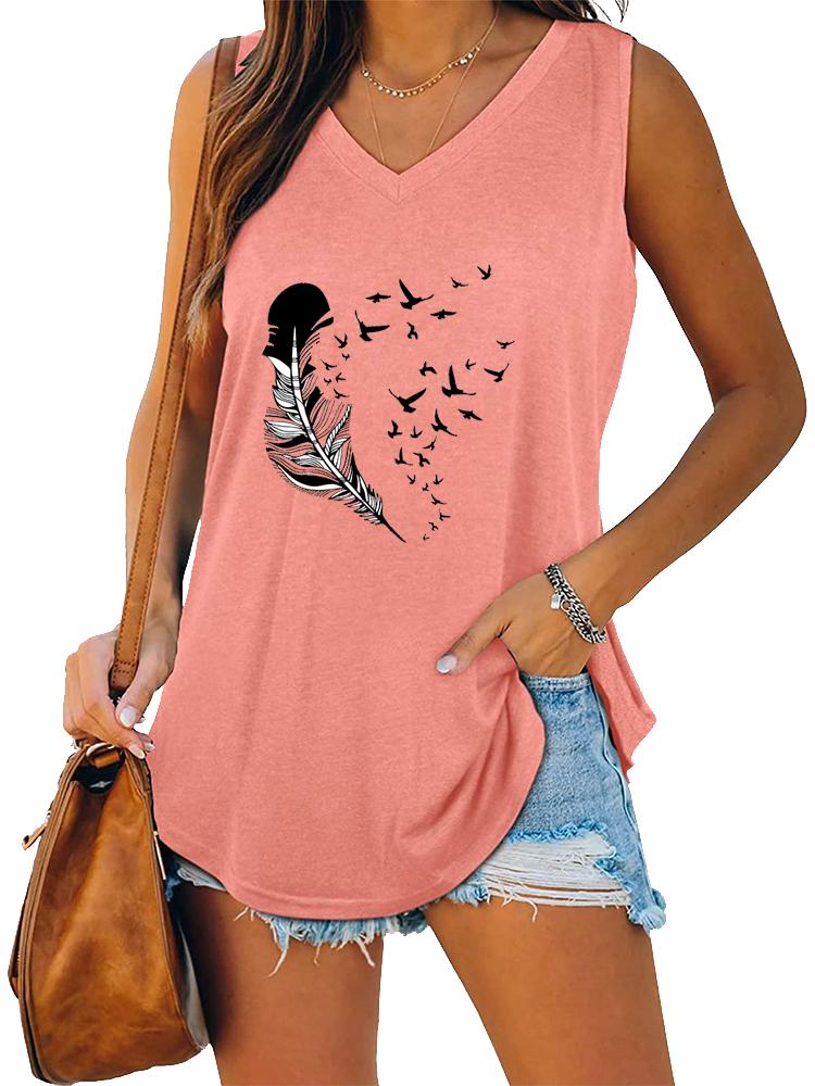 Women Fashion V Neck Printed Sleeveless Top Summer Casual Pullover Loose Tank Top