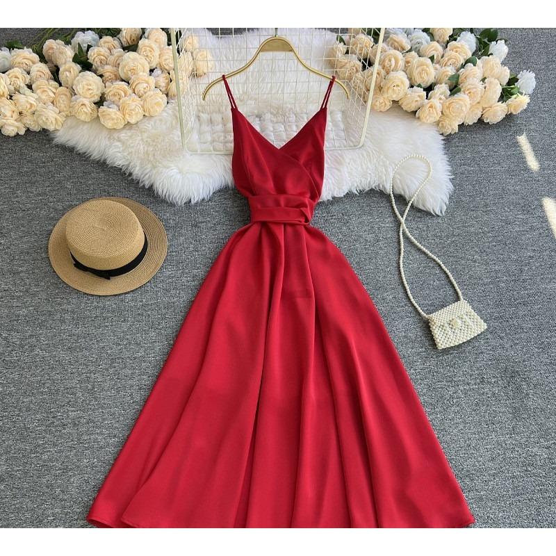 YYFS Women's Fashion Summer Spring Solid Color Print Sleeveless V-Neck High Waist Casual Dresses