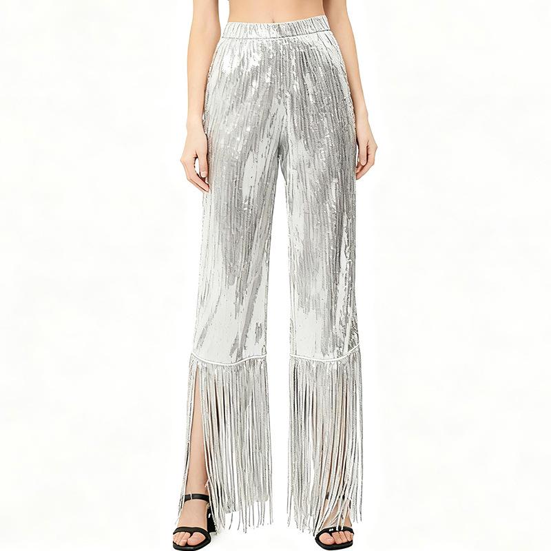 Sequined Tassel Long Pants - Hip Hop Style Performance Wear L серебряный